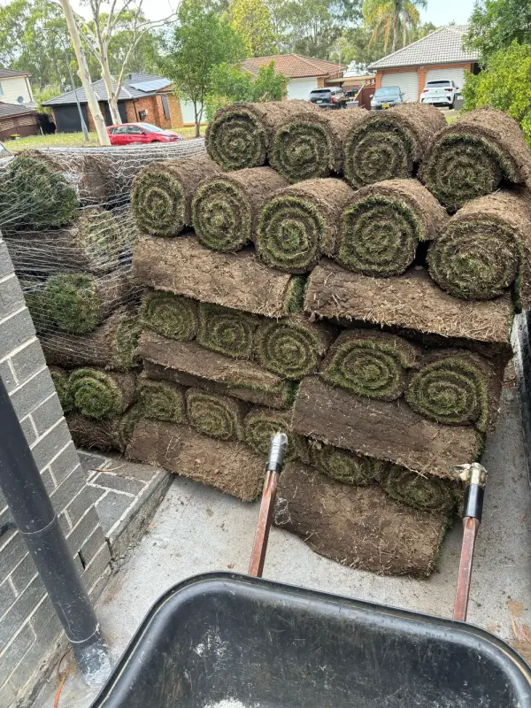 Pallets of fresh turf rolls delivered to a Sydney home